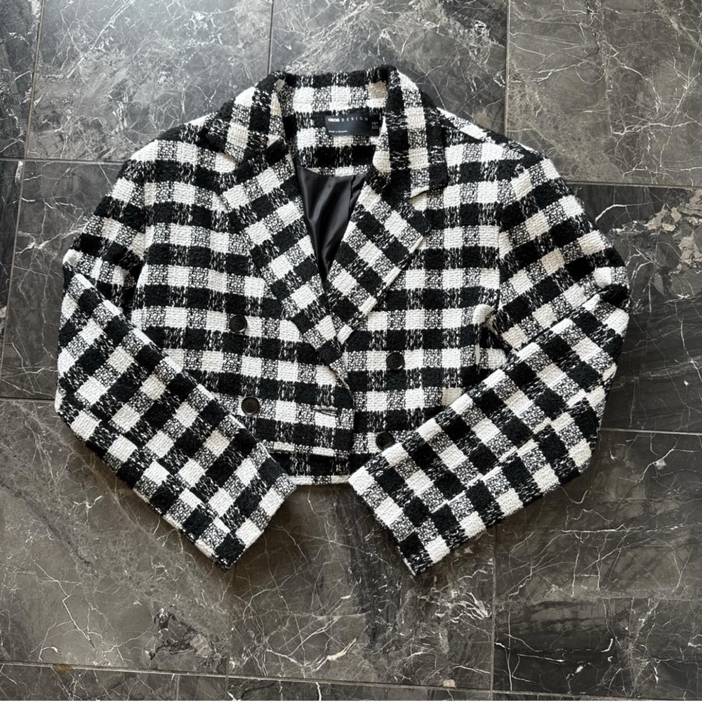 ASOS DESIGN Cropped Check Tweed Blazer – Size US 8